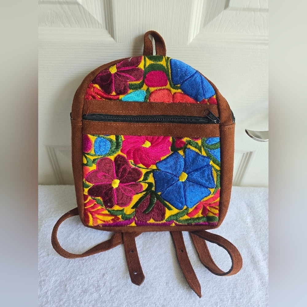 Floral Embroidered Brown Backpack